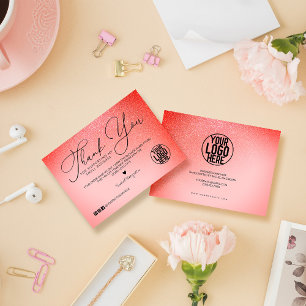 Cartão De Visita Neon Coral Pink Glitter Script Cliente Obrigado