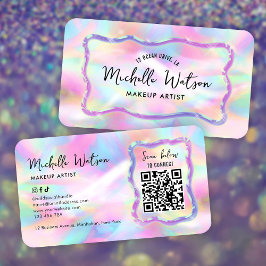 Cartão De Visita Neon Holographic Iridescent Beauty Salon QR Code