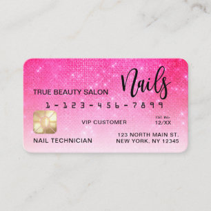 Cartão De Visita Neon Pink Sequin Glitter Credit Card Nail Tech