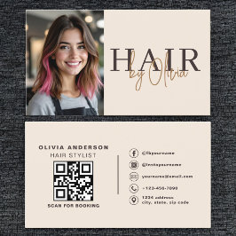 Cartão De Visita Neutral Beige Hair Stylist Photo QR Code