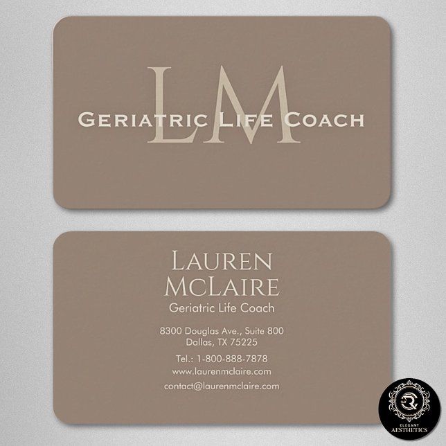 Cartão De Visita Neutral Dark Taupe Monogram Business Card (Criador carregado)