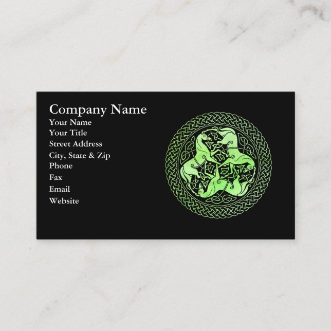 Cartão De Visita Nó Celta Verde de Aquarela com Cavalos (Frente)
