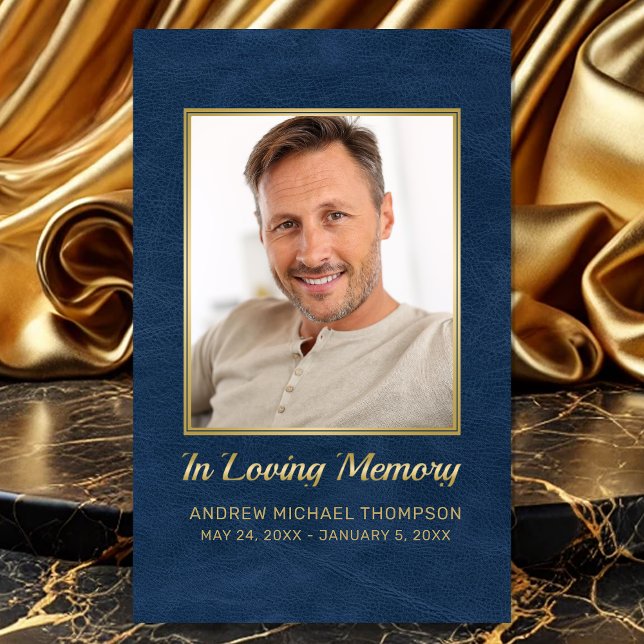 Cartão De Visita No Loving Memory Blue Dourado Photo Funeral Card (Sympathy Blue Faux Leather In Loving Memory Funeral Card with Custom Poem or Prayer)