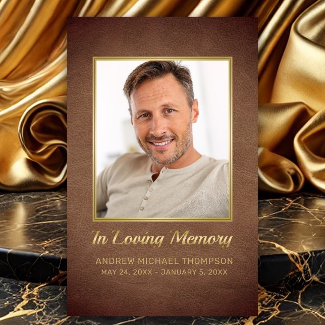 Cartão De Visita No Loving Memory Brown Dourada Photo Funeral Card (In Loving Memory Faux Brown Leather Photo Funeral Card with Poem for men)