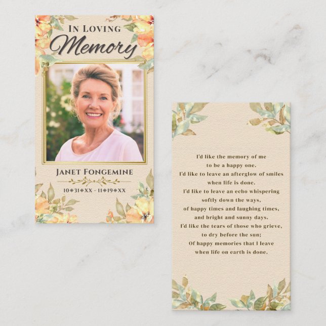 Cartão De Visita No Loving Memory Floral Photo Funeral Prayer Card (Frente/Verso)