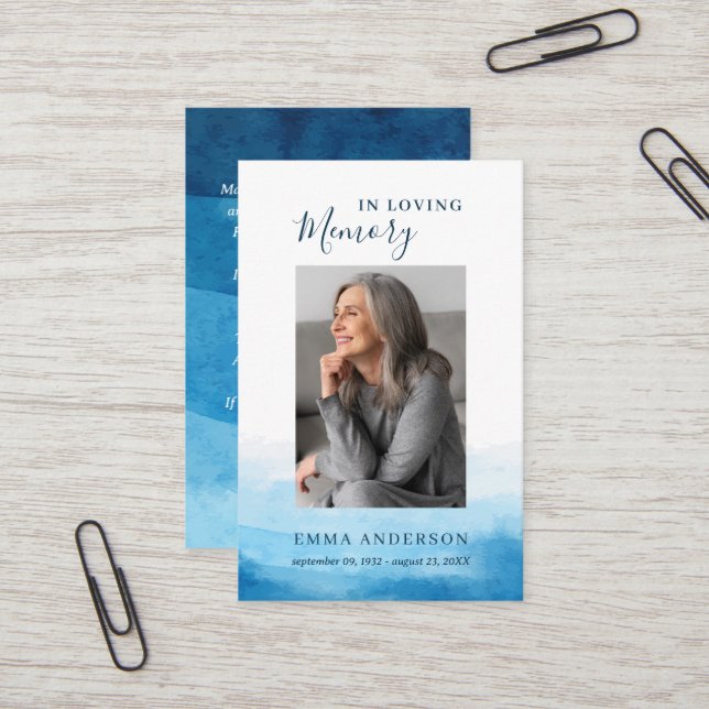 Cartão De Visita No Loving Memory Photo Funeral Blue Prayer Card (Frente/Verso In Situ)