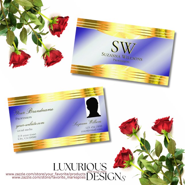 Cartão De Visita Noble Royal Blue Shiny Dourado Borders Foto Monogr (Criador carregado)