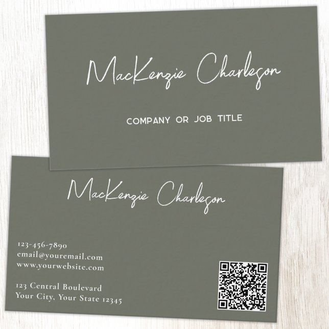 Cartão De Visita Nome de Roteiro Simples e Código QR de Texto Verde (Simple modern script minimalist business card with QR code sage green)