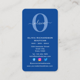 Cartão De Visita Nome de Script de Monograma Vertical Azul Branco F