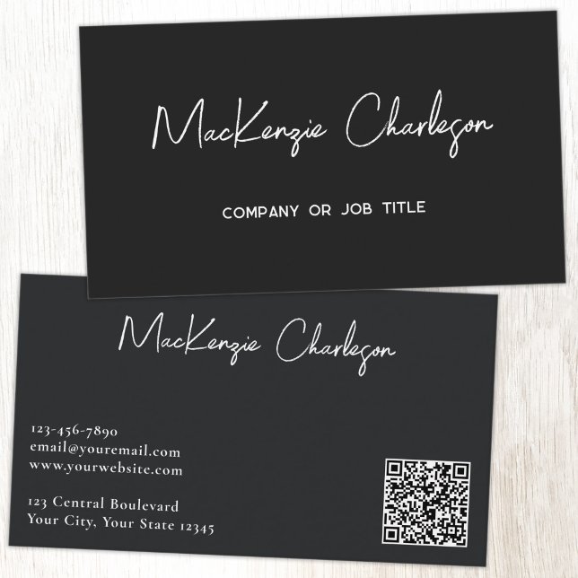 Cartão De Visita Nome de Script Simples e Código QR de Texto Preto (Simple modern script minimalist business card with QR code black)