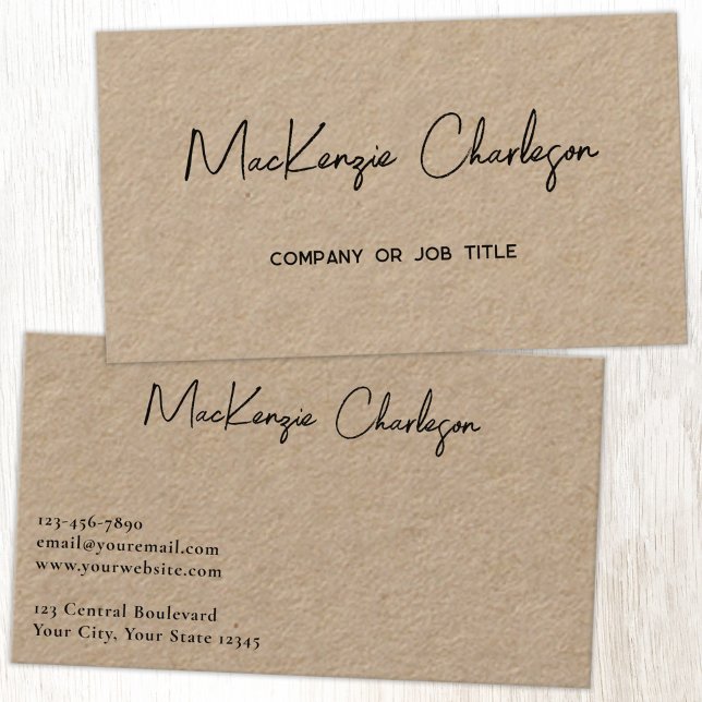 Cartão De Visita Nome de Script Simples Moderno Kraft Profissional (Simple modern minimalist script professional business card design on Kraft card)