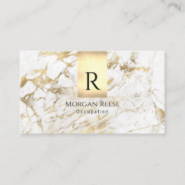 Cartão De Visita Nome e monograma, código QR, mármore branco e Dour