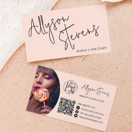 Cartão De Visita Nome moderno bold script makeup hair logo qr rosa