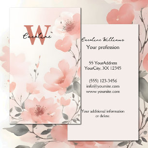Cartão De Visita Nome monograma em blush de pêssego floral aquarela