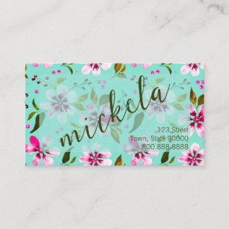 Cartão De Visita Nome Personalizado Aquarela Floral Rosa e Água