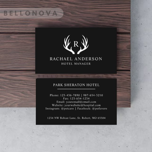 Cartão De Visita Nome Personalizado: Black and White Deer Antler Mo (Custom Name Black And White Deer Antler Monogram Business Card)