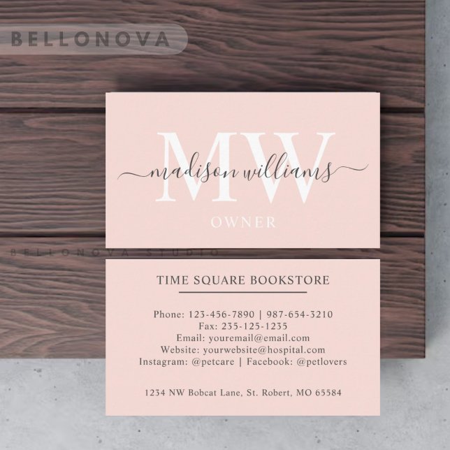Cartão De Visita Nome personalizado Pálido Pêssego Rosa Branco Mono (Custom Name Pale Peach Pink White Black Monogram Business Card)
