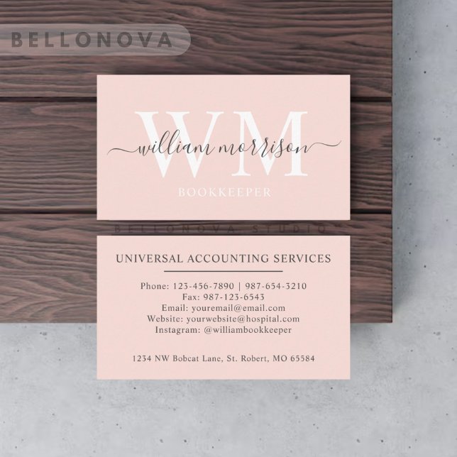 Cartão De Visita Nome personalizado Pastel pálido, cor-de-rosa, bra (Custom Name Pale Pastel Pink White Black Monogram Business Card)