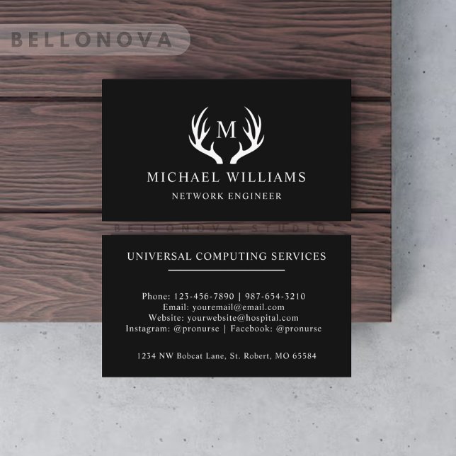 Cartão De Visita Nome Personalizado, Preto Branco E Ovo Branco Mono (Custom Name White Black And White Deer Monogrammed Business Card)