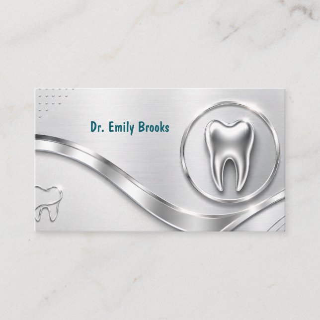 Cartão De Visita Nomeação de Dentista Empresarial Modern Silver Met (Frente)