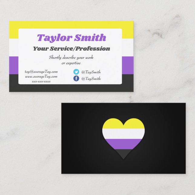 Cartão De Visita Non-binary Pride flag / heart Business Card (Frente/Verso)