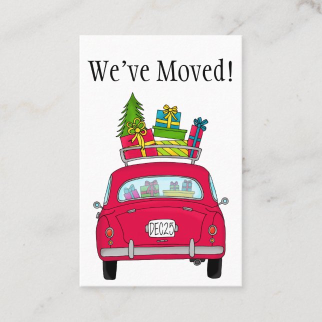 Cartão De Visita Novo Endereço Carro Vermelho com presentes de Nata (Frente)