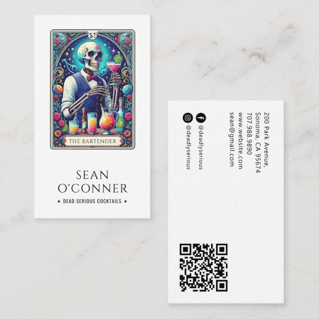 Cartão De Visita O Bartender Tarot Esqueleto QR (Frente/Verso)