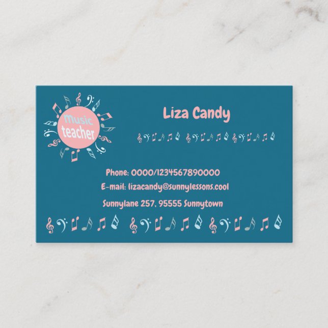 Cartão De Visita O professor de música nota elegante fundo azul (Frente)