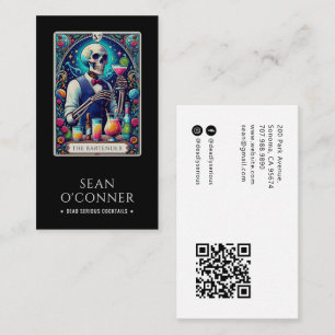 Cartão De Visita O Tarot de Barman Esqueleto Código QR Preto