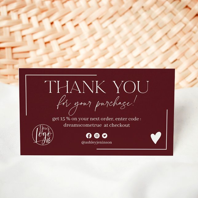 Cartão De Visita Obrigado de pedido de script moderno burgundy (Modern burgundy script order thank you business card)