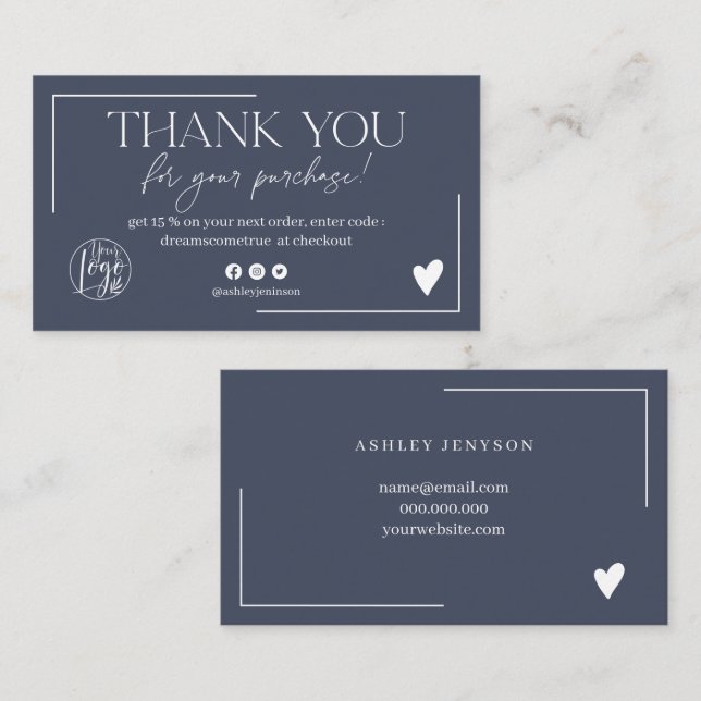 Cartão De Visita Obrigado do script do logotipo azul do marinho chi (Frente/Verso)