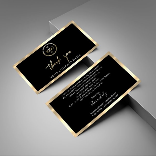 Cartão De Visita Obrigado Empresa Inserir Logotipo Dourado Quadro P (Thank You Business Insert Logo Gold Frame Black)