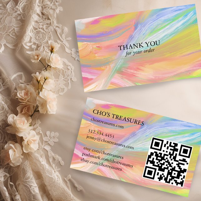 Cartão De Visita OBRIGADO, Mínimo Arco-Íris Texturizado Colorido (THANK YOU for your order Minimalist Rainbow Textured Colorful Business Card
QR code)