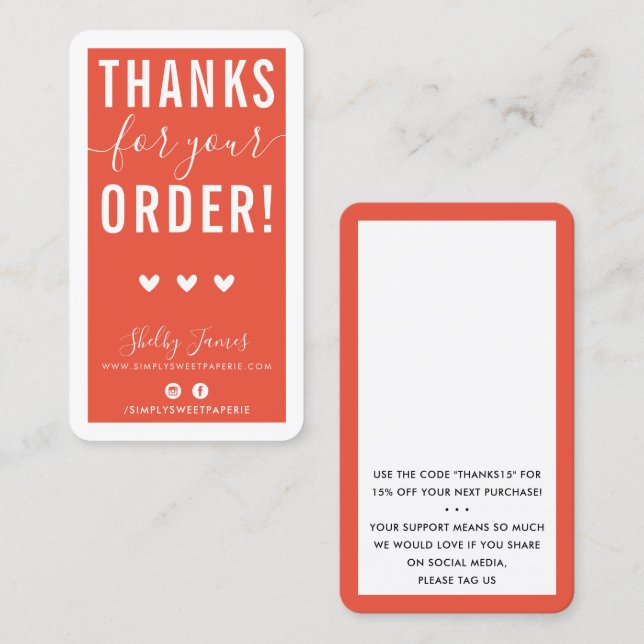 Cartão De Visita OBRIGADO PELA SUA ORDEM, insira a laranja moderna (Frente/Verso)