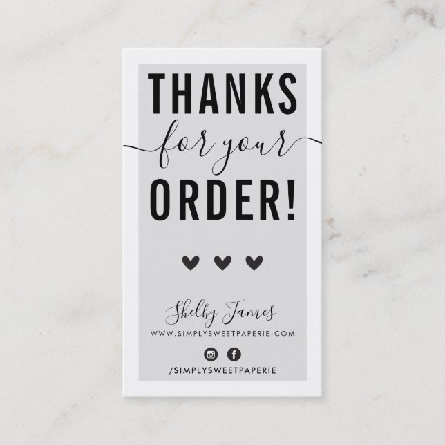 Cartão De Visita OBRIGADO PELO SEU PEDIDO, insira cinza preto (Frente)