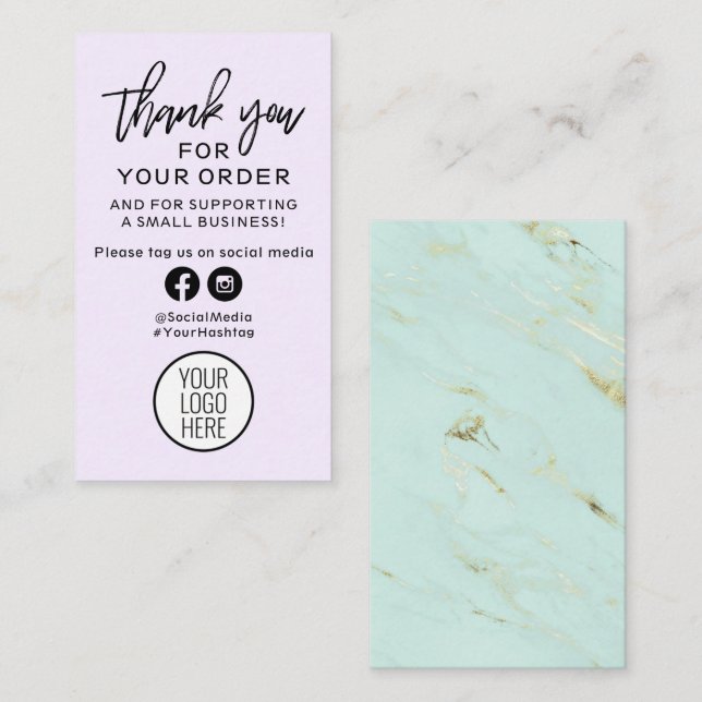 Cartão De Visita Obrigado pelo seu pedido, Purple e Mint Marble (Frente/Verso)