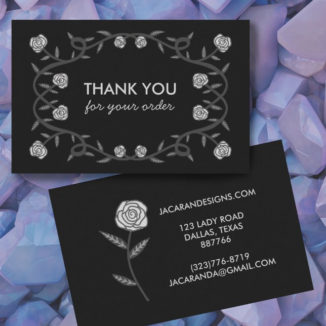 Cartão De Visita OBRIGADO por ORDER Chic Elegant Rosa (Thank you for your business custom cards with a rose design in black. Very chic!)
