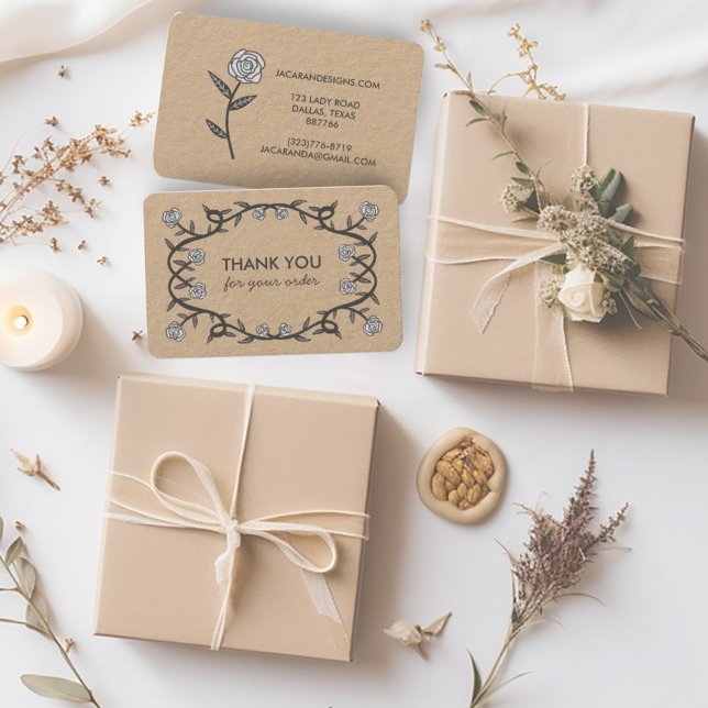 Cartão De Visita OBRIGADO por ORDER Chic Elegant Rosa Frame Kraft (Sweet roses frame kraft business cards thank you for your order cards)