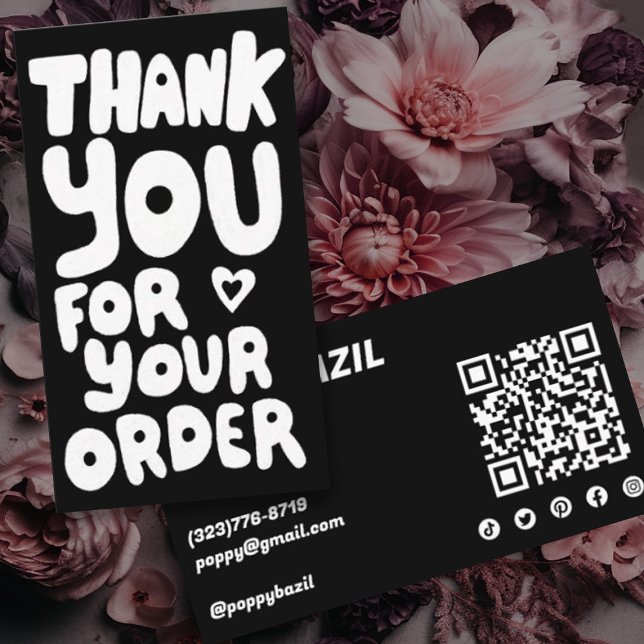 Cartão De Visita Obrigado por solicitar ícones sociais Código QR B& (Perfect card to include with customer orders to thank them for their purchase. Handletteting, B&W QR)