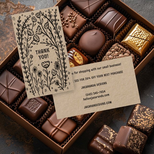 Cartão De Visita OBRIGADO VOCÊ PEDIR Desconto Elegante Wildflower K (THANK YOU for your Order Discount Code Elegant Wildflower Kraft Small Shopping Business Card
)