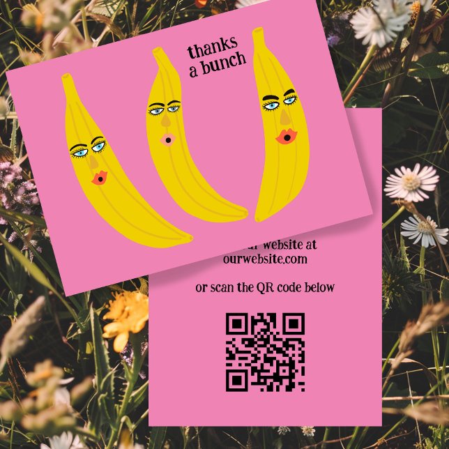 Cartão De Visita OBRIGADOS PEDIDO DE Bananas Engraçadas A BUNCH OBR (THANKS A BUNCH Funny Bananas ORDER THANK YOU QR Code Custom Pink Bold Business Card)