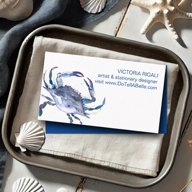 Cartão De Visita Oceano Tema Azul Caranguejo Praia Costeira Aquarel (Beach business cards watercolor blue crab art by Victoria Grigaliunas Do Tell A Belle)