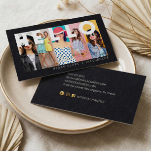 Cartão De Visita Olá com o layout de 5 fotos moderno e mínimo preto