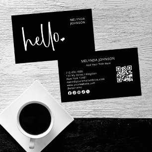 Cartão De Visita Olá Coração Código QR Script Preto Mídia Social