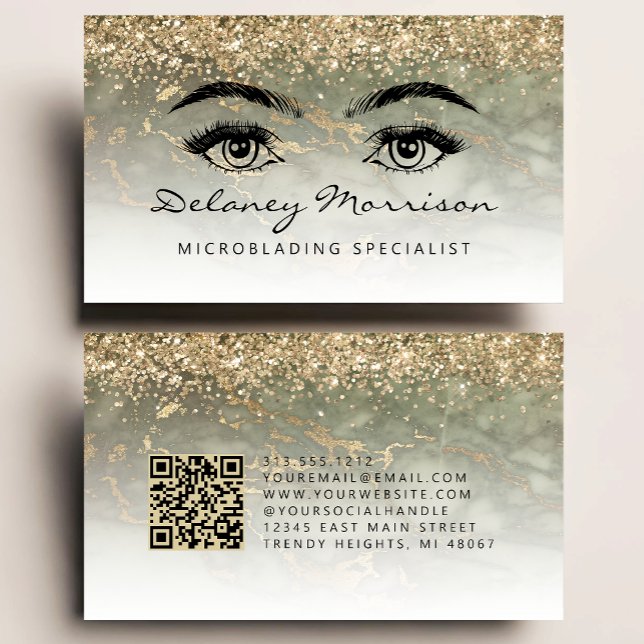 Cartão De Visita Olive Green Gold Marble Eyes QR Code Microblading (Criador carregado)