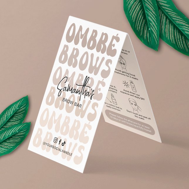 Cartão De Visita Ombré Brows Instruções pós-tratamento Beige retroa (Powder Brows after care instructions cards in a trendy beige and white design)