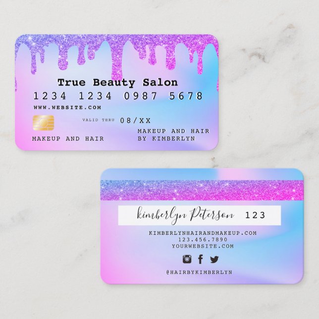 Cartão De Visita Ombre glitter credit card monogram  (Frente/Verso)