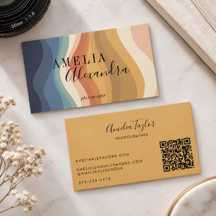 Cartão De Visita Onda Retro Boho Tons Terrosos Nome QR Fotógrafo