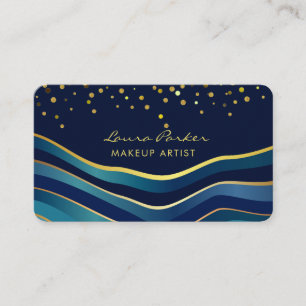 Cartão De Visita Ondas Azul Dourado Listras Mínimas Artista de Maqu