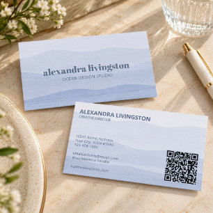 Cartão De Visita Ondas de Aquarela Azul Empoeirado QR Minimalista C